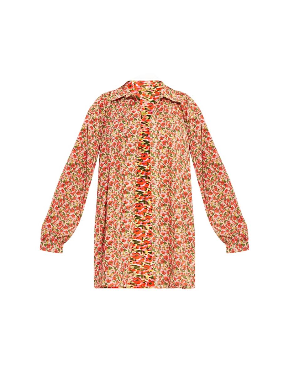 Red Floral Print Crinkle Oversized Beach Shirt - 4
