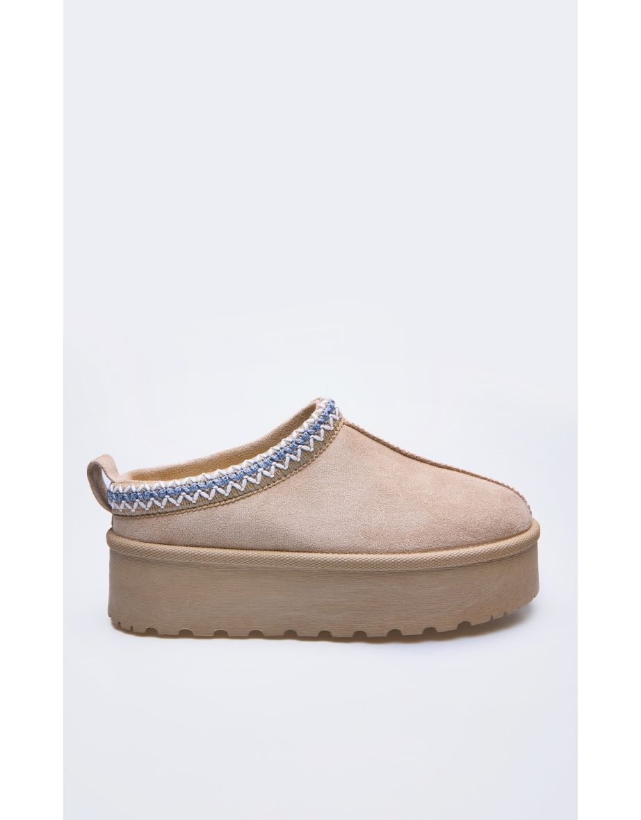 Mushroom Faux Suede Round Toe Platform Stitched Slip On Boots - 3