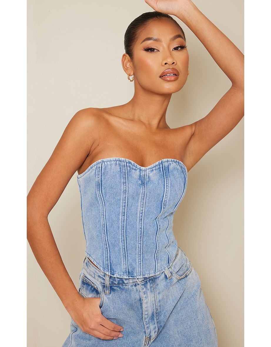 Acid Blue Wash Seam Detail Denim Corset Top