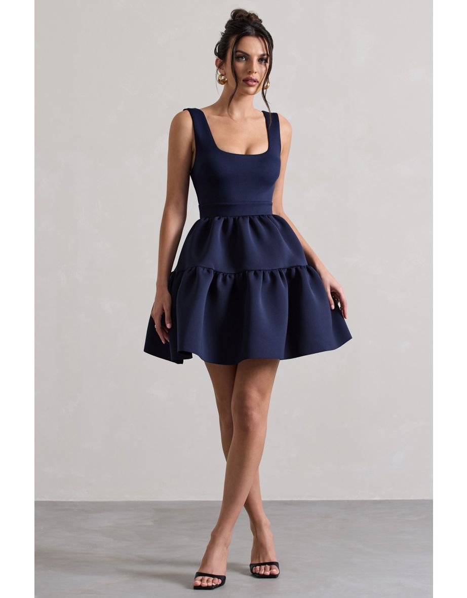 Alia | Navy Scoop-Neck Tiered Volume Hem Mini Dress