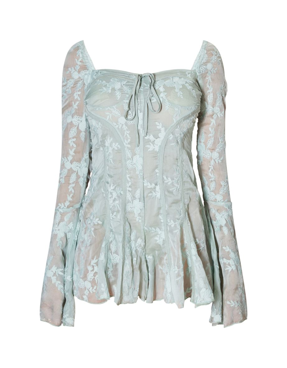 Sage Green Lace Binding Detail Flare Sleeve Playsuit - 4