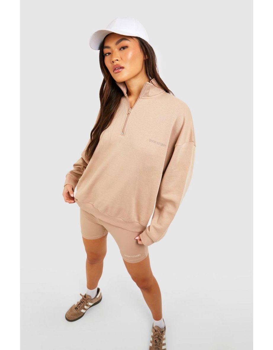 Half Zip Oversized Sweater And Cycling Short Set - taupe