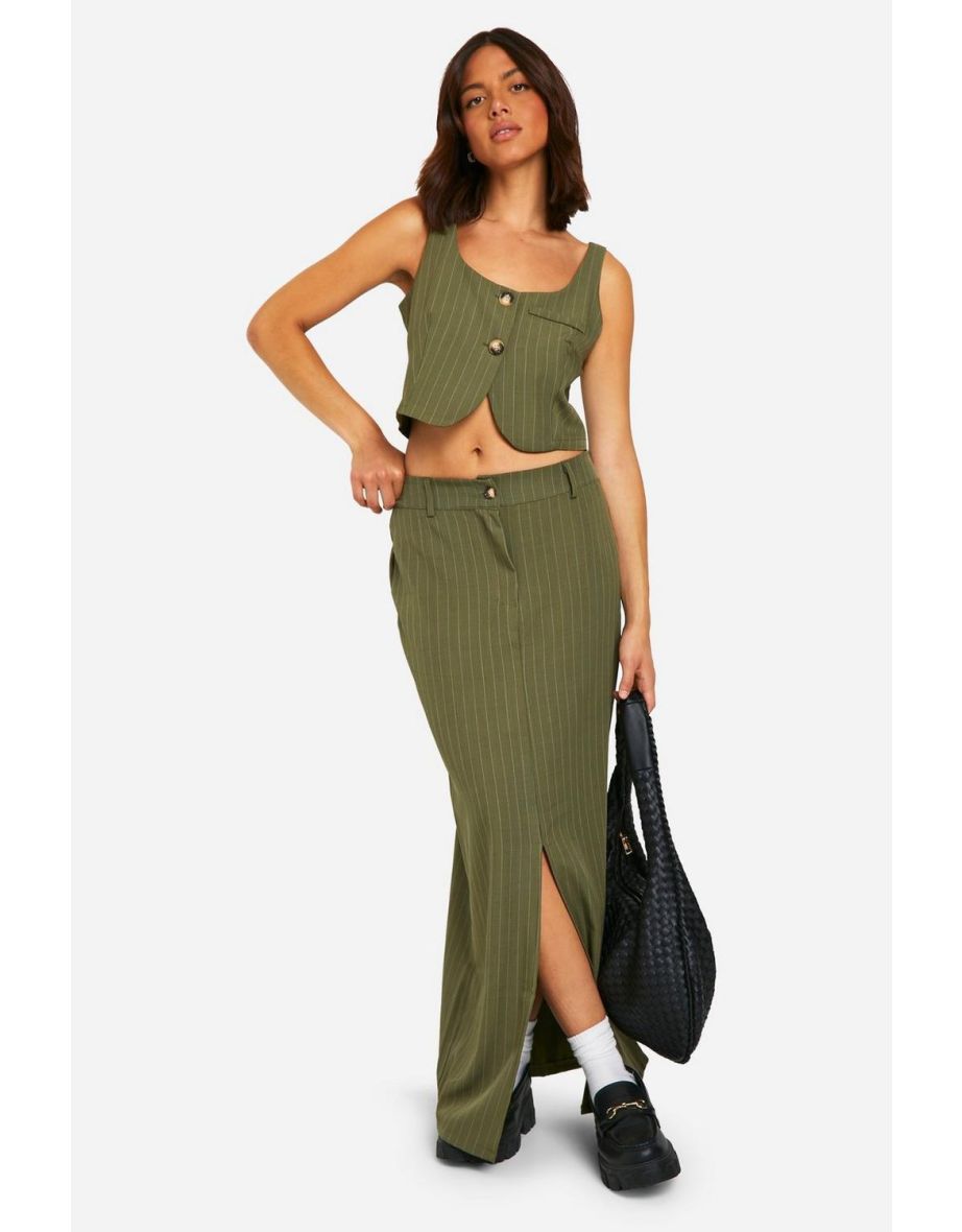 Shop Pinstripe Split Front Column Maxi Skirt khaki Online in Bahrain VogaCloset