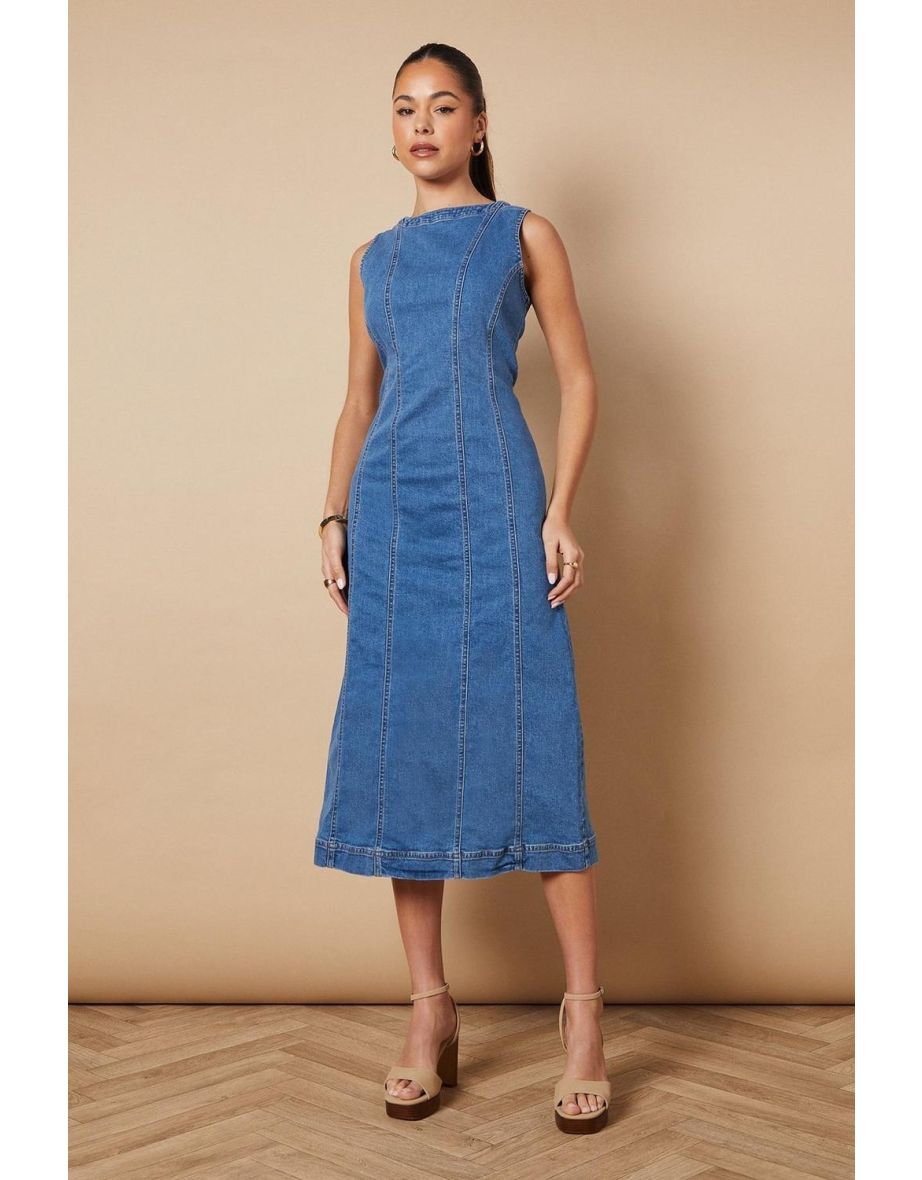 Sleeveless Denim Maxi Dress With Seam Detail - 3