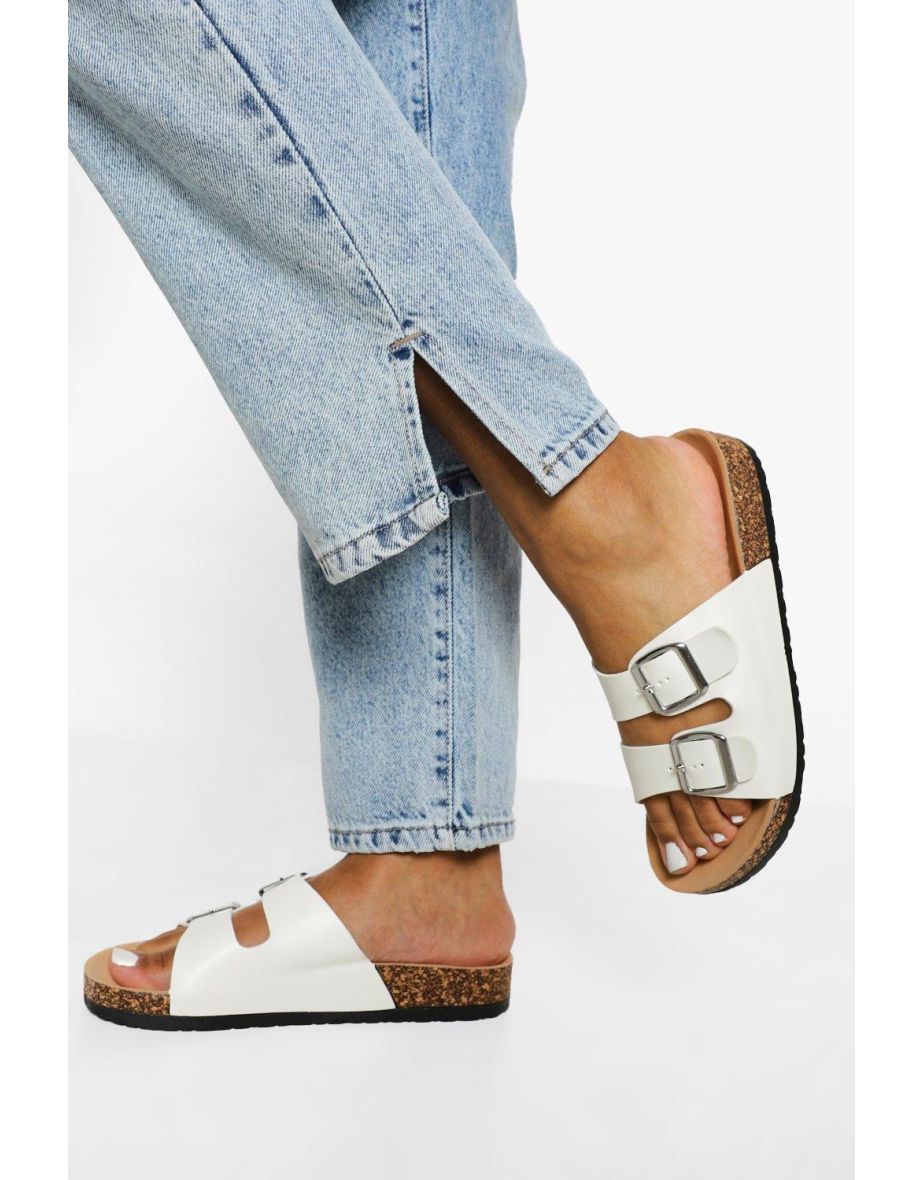 Double Buckle Footbed Slider - white