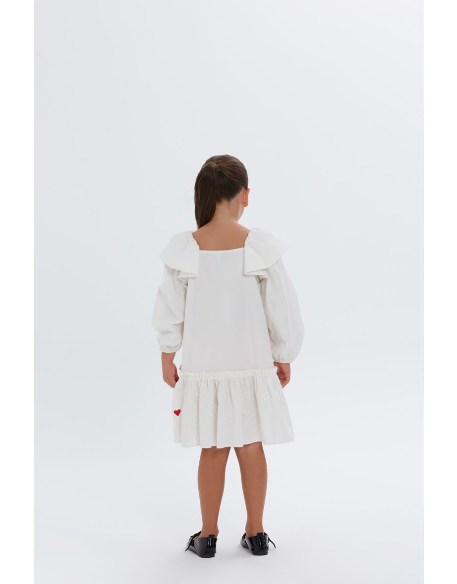 Balloon Sleeves Ruffled Shoulders and Hem Cream Girls Dress - 4
