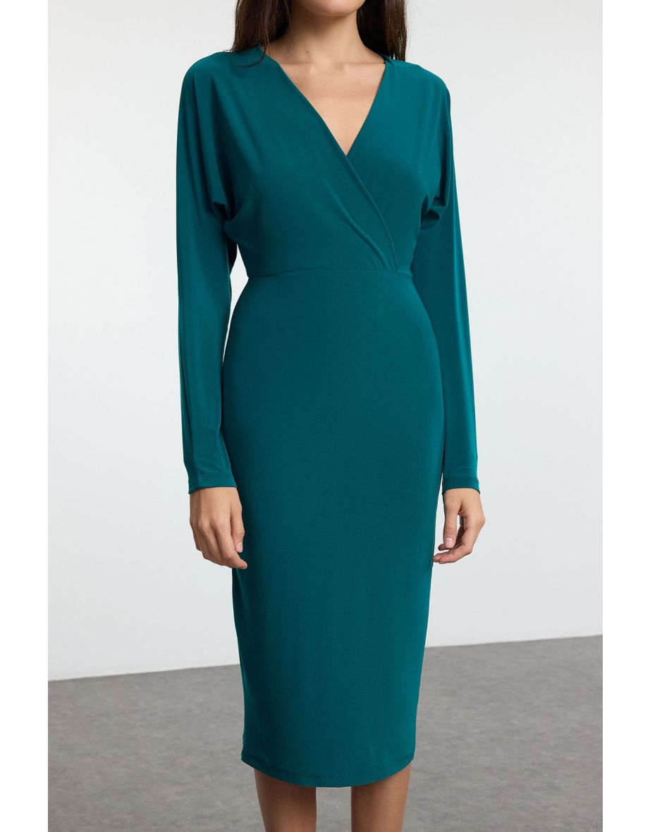 Emerald Green Plain Midi Batwing Sleeve Detailed Fitted Elastic Midi Knit Dress