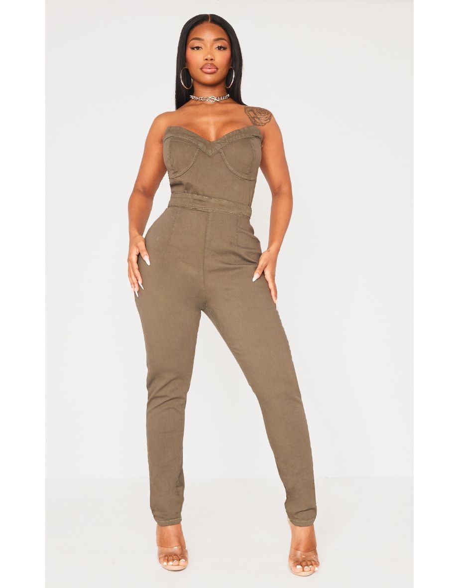 Shop Shape Khaki Cup Detail Tie Back Denim Jumpsuit Online in Oman VogaCloset