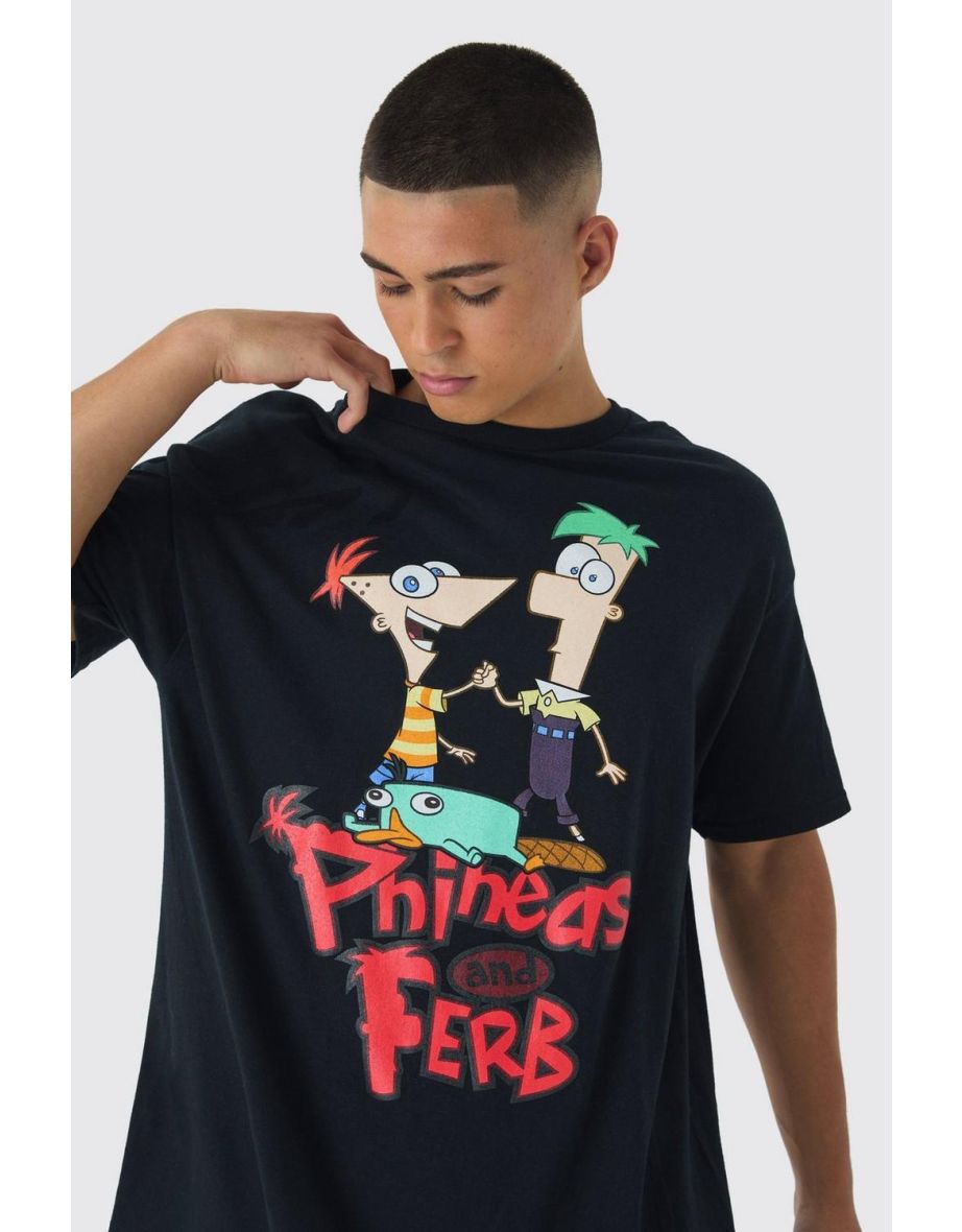 Oversized Disney Phineas and Ferb Wash License Print T-Shirt - black - 2