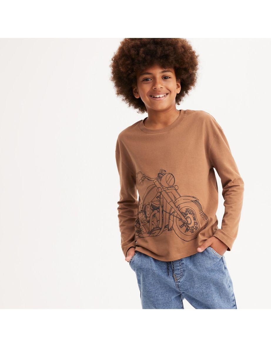 Motorbike Print Cotton T-Shirt with Long Sleeves - 4