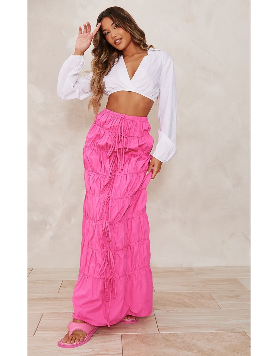 Shop Bright Pink Cotton Tie Front Extreme Ruched Maxi Skirt Online in Iraq VogaCloset