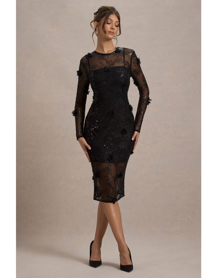Intimate | Black Sequin Sheer Midi Dress With Flowers