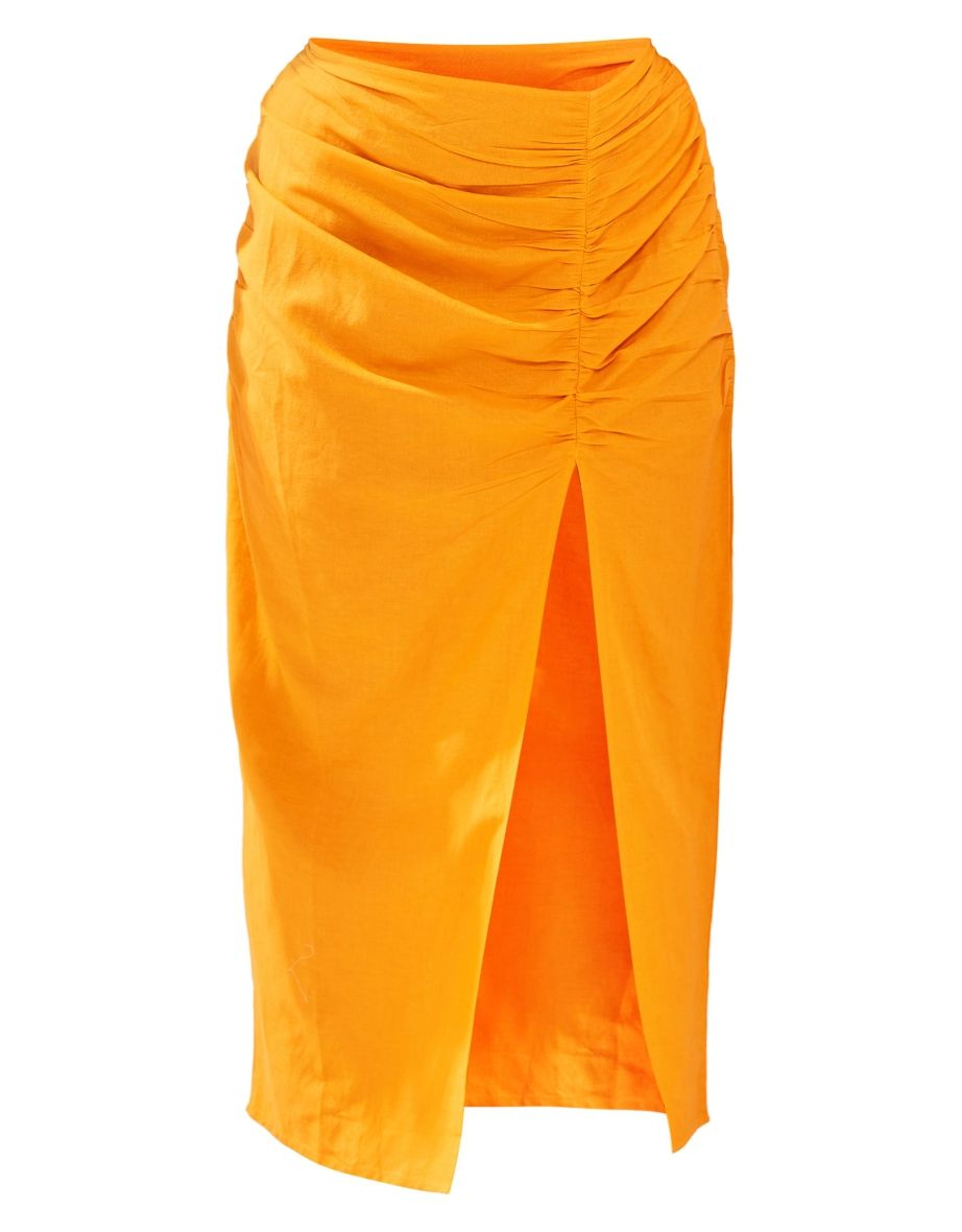 Plus Orange Linen Look Ruched Side Split Midi Skirt - 4