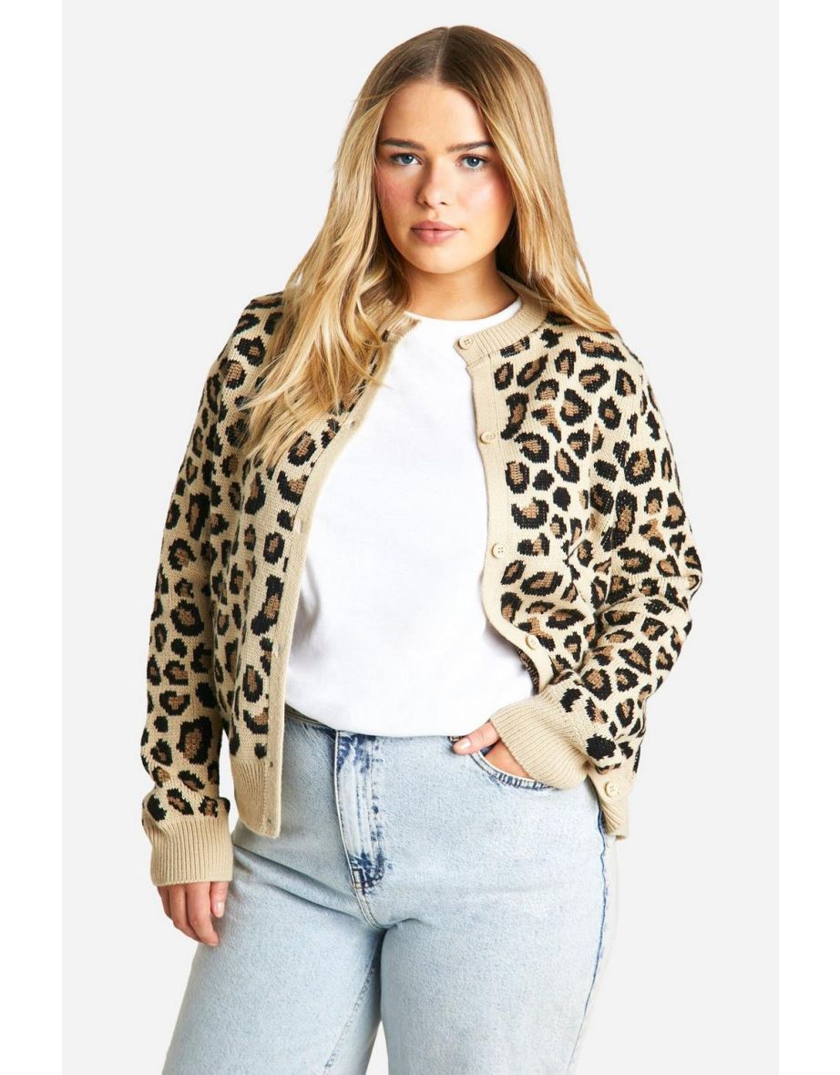 Shop Plus Leopard Print Fine Gauge Crew Neck Micro Cardigan Online in Bahrain VogaCloset