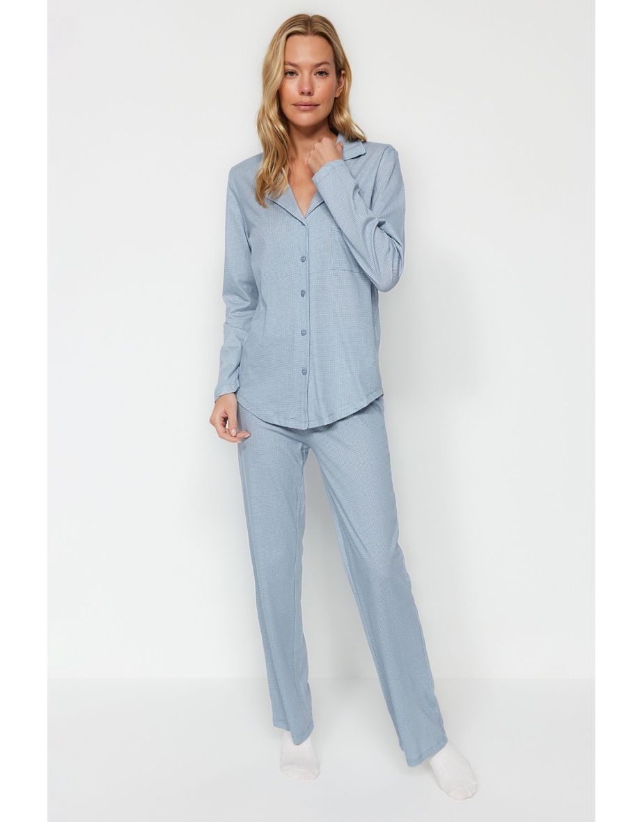 Blue 100% Cotton Gingham Shirt-Pants Knitted Pajamas Set