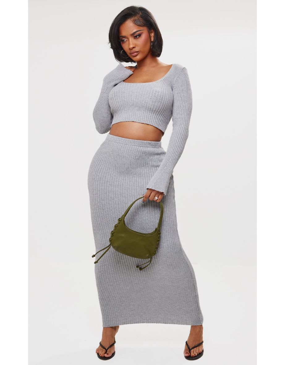 Shape Grey Knit Ribbed Long Sleeve Plunge Crop Top