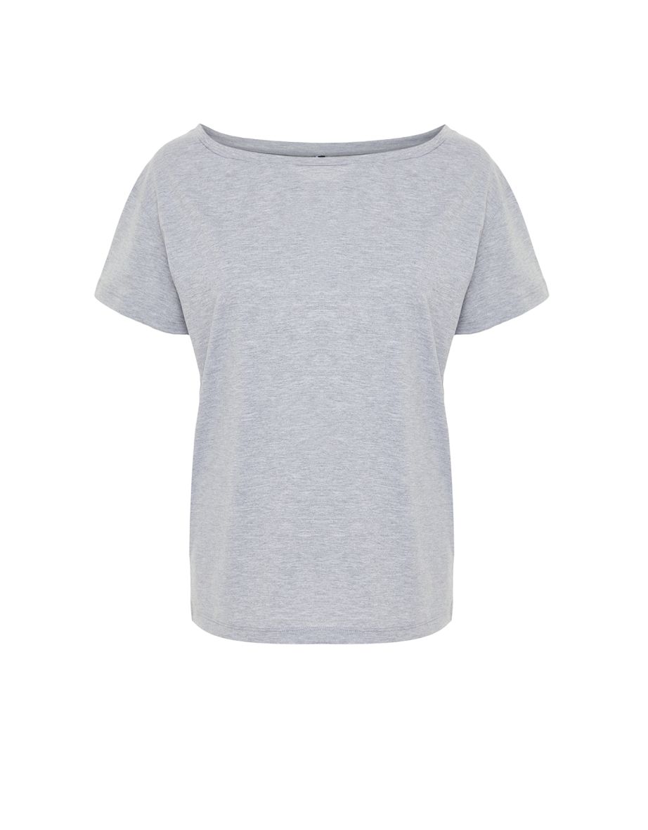 Gray Melange Cotton Boyfriend/Wide Cut Boat Neck Knitted T-Shirt