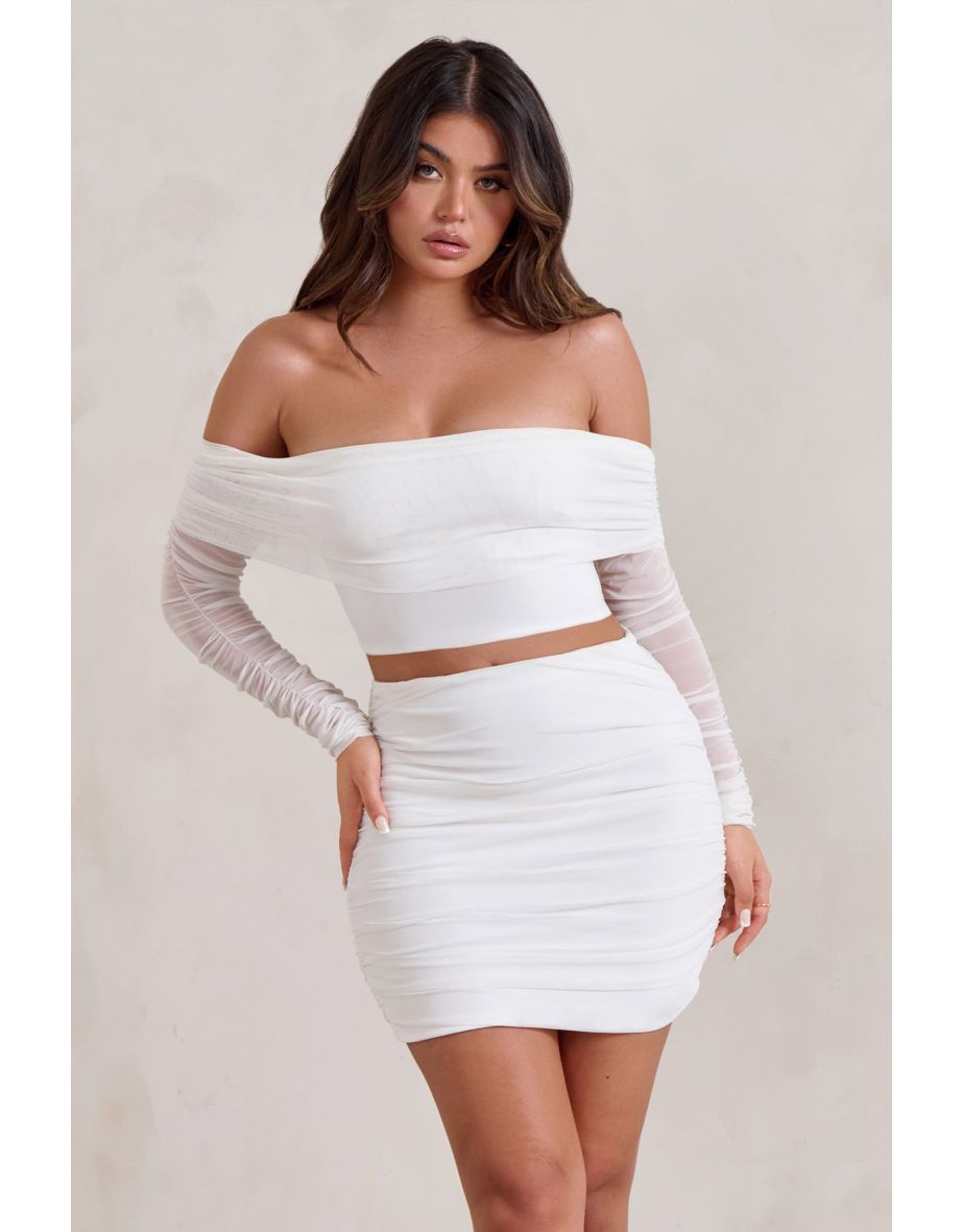 White Ruched Mesh Mini Skirt