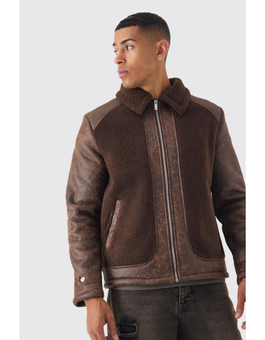 Washed Pu And Borg Panel Harrington Jacket In Brown - brown - 2