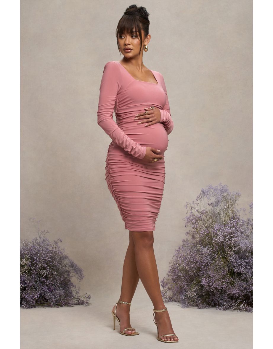 New Life | Pink Maternity Square Neck Ruched Midi Dress - 9