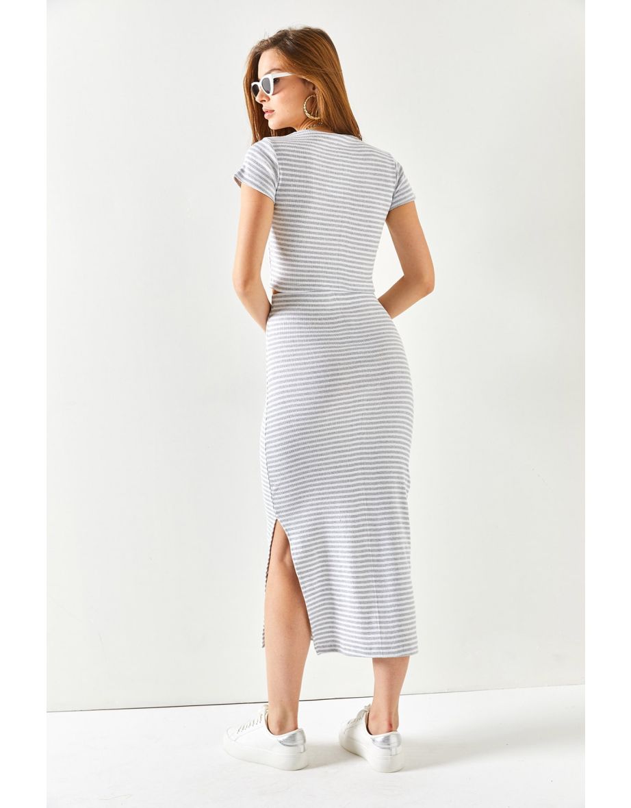 Women's Striped Gray Short Sleeved Lycra Suit with a Slit and Skirt - 6