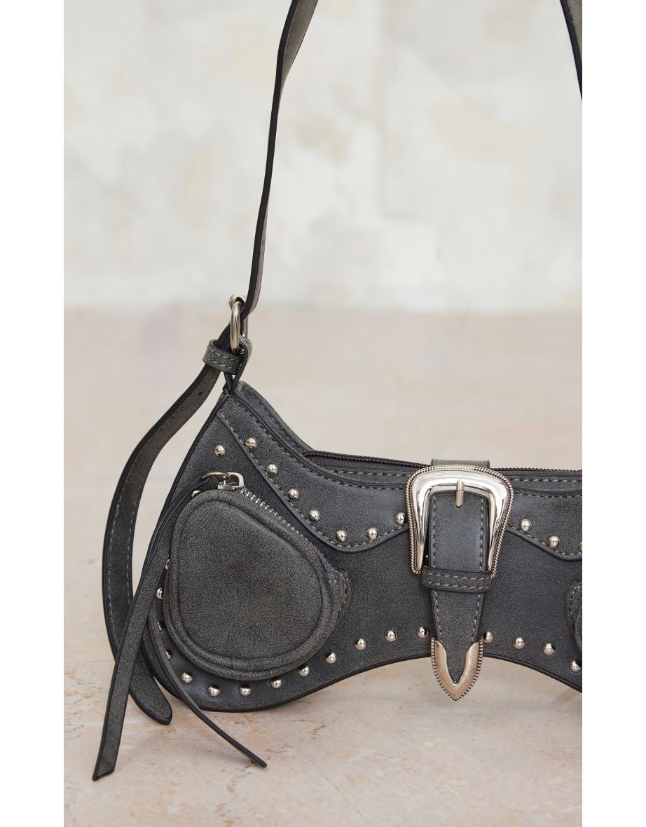 Black Stud Western Buckle Shoulder Bag - 3
