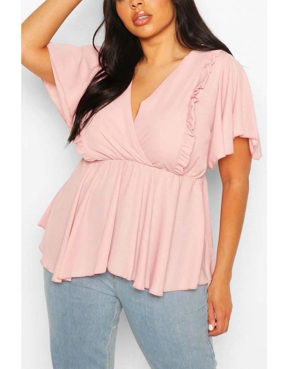 Plus Angel Sleeve Ruffle Peplum Top - ivory - 3