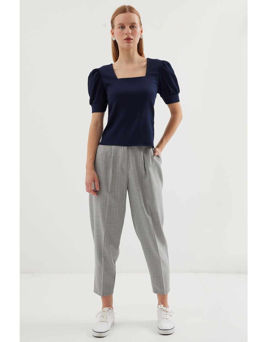 Square Neck Knitted Blouse - Navy Blue