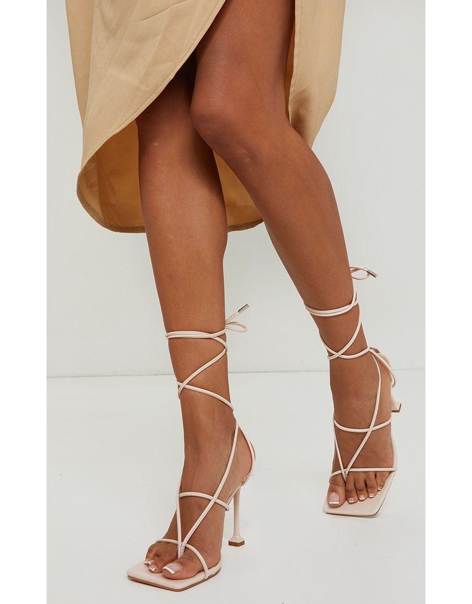 Beige Square Toe Strappy Lace Up Toe Thong High Heels Sandals - 1