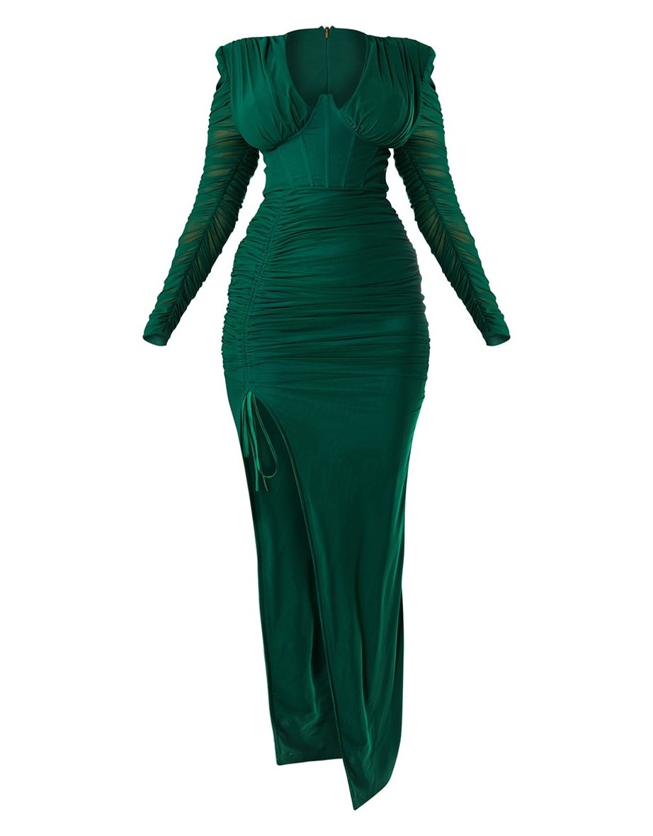 Emerald Green Underwire Detail Ruched Mesh Midaxi Dress - 4