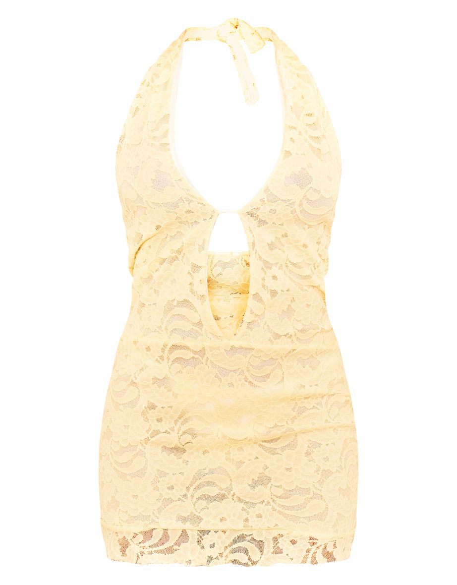Yellow Lace Plunge Halterneck Mini Dress - 4
