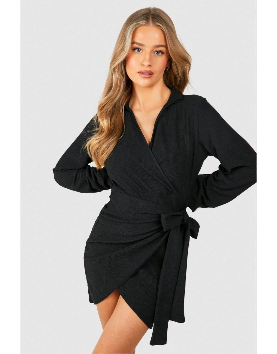 Textured Wrap Mini Shirt Dress - black