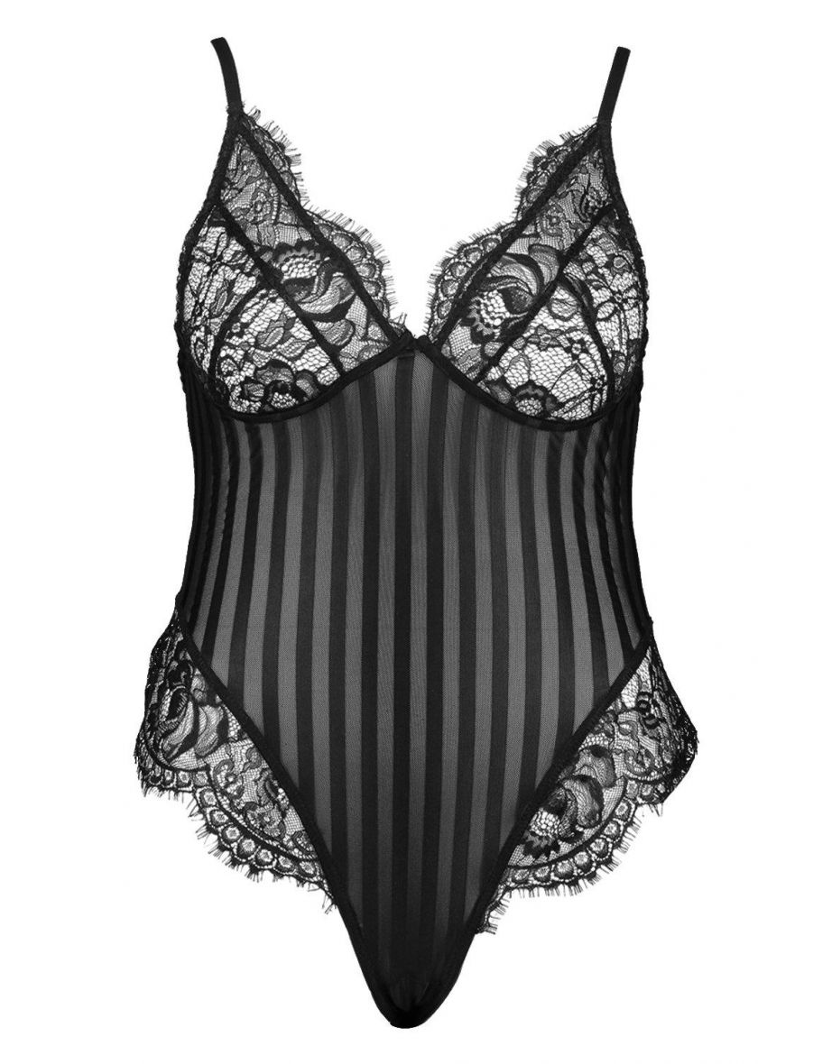 Plus Lace Stripe Bodysuit - black