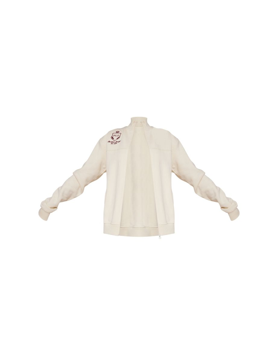 PRETTYLITTLETHING Tall Cream Embroidered Seam Detail Zip Through Track Top - 4