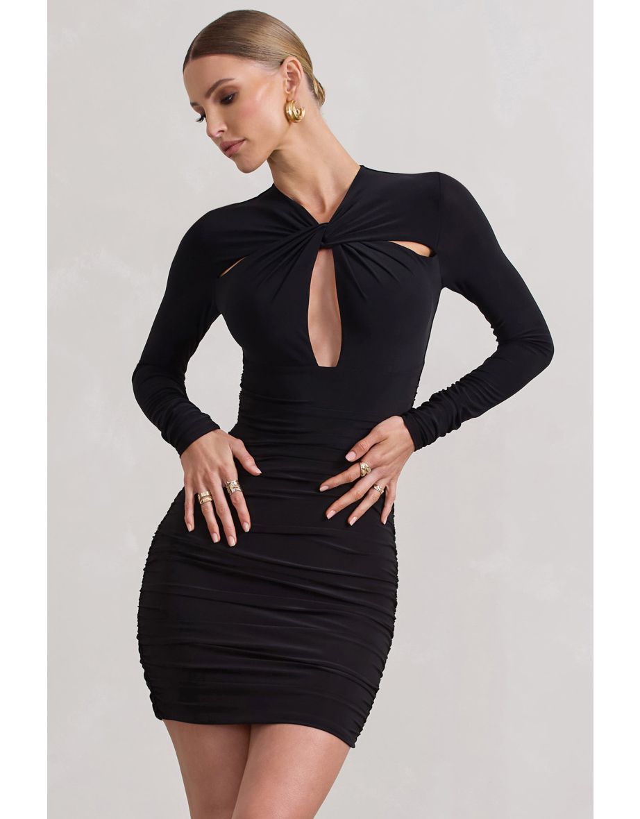 Escapism | Black Ruched Long-Sleeve Cut-Out Mini Dress - 4