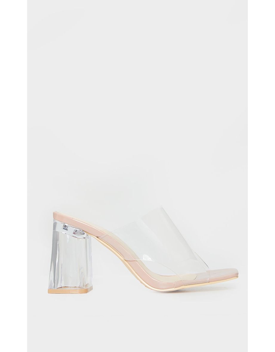 Nude Wide Fit Clear Flared Block Heel Mules - 3