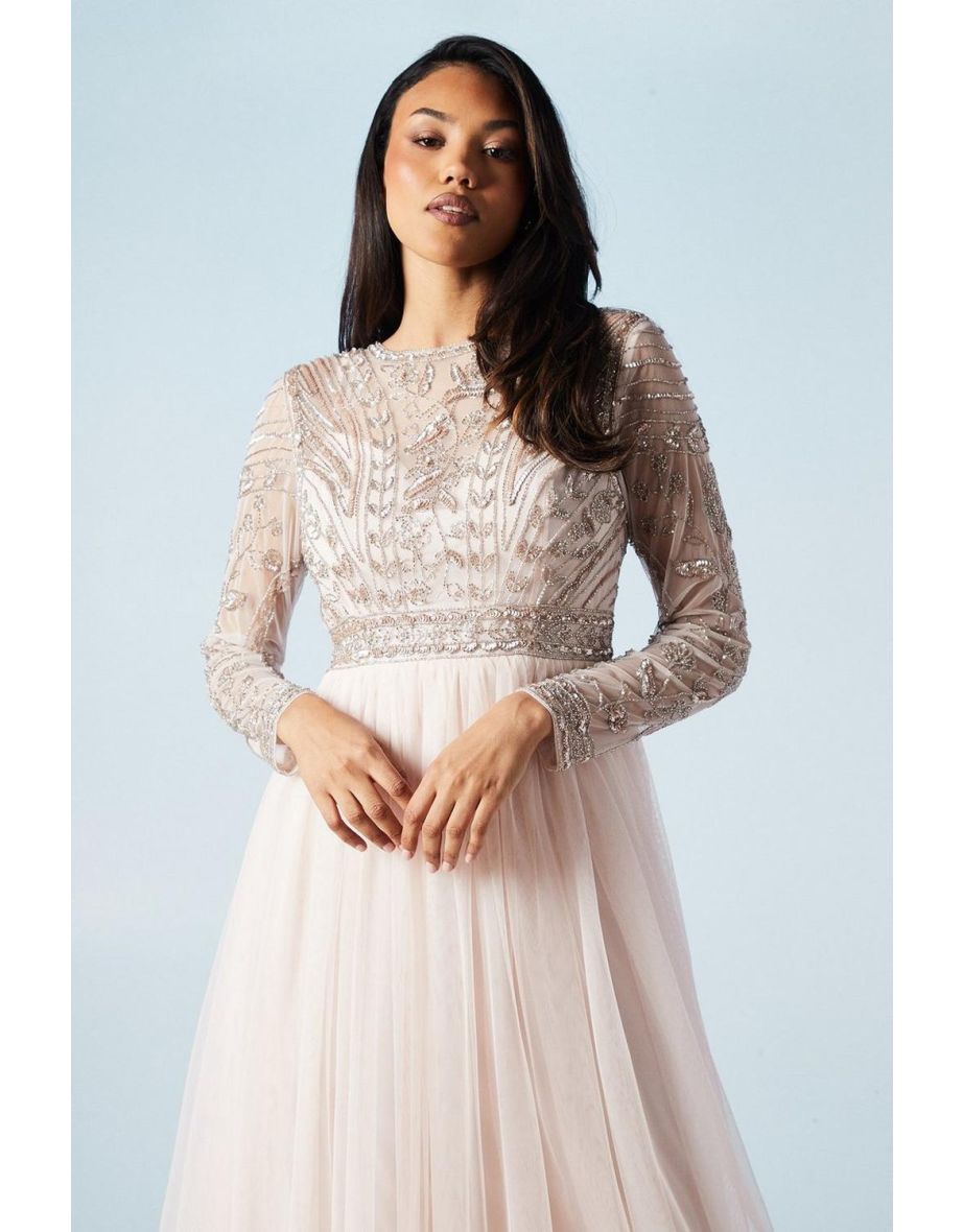 Placement Embellished Long Sleeve Tulle Skirt Bridesmaids Dress - 3