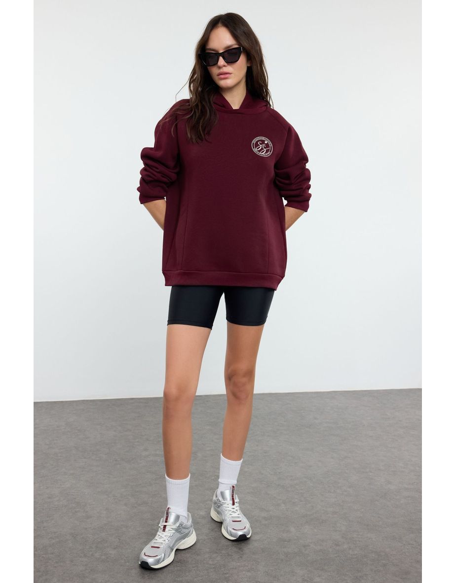 Plum Slogan Printed Oversize/Wide Pattern Thick Inside Polar Fleece Knitted