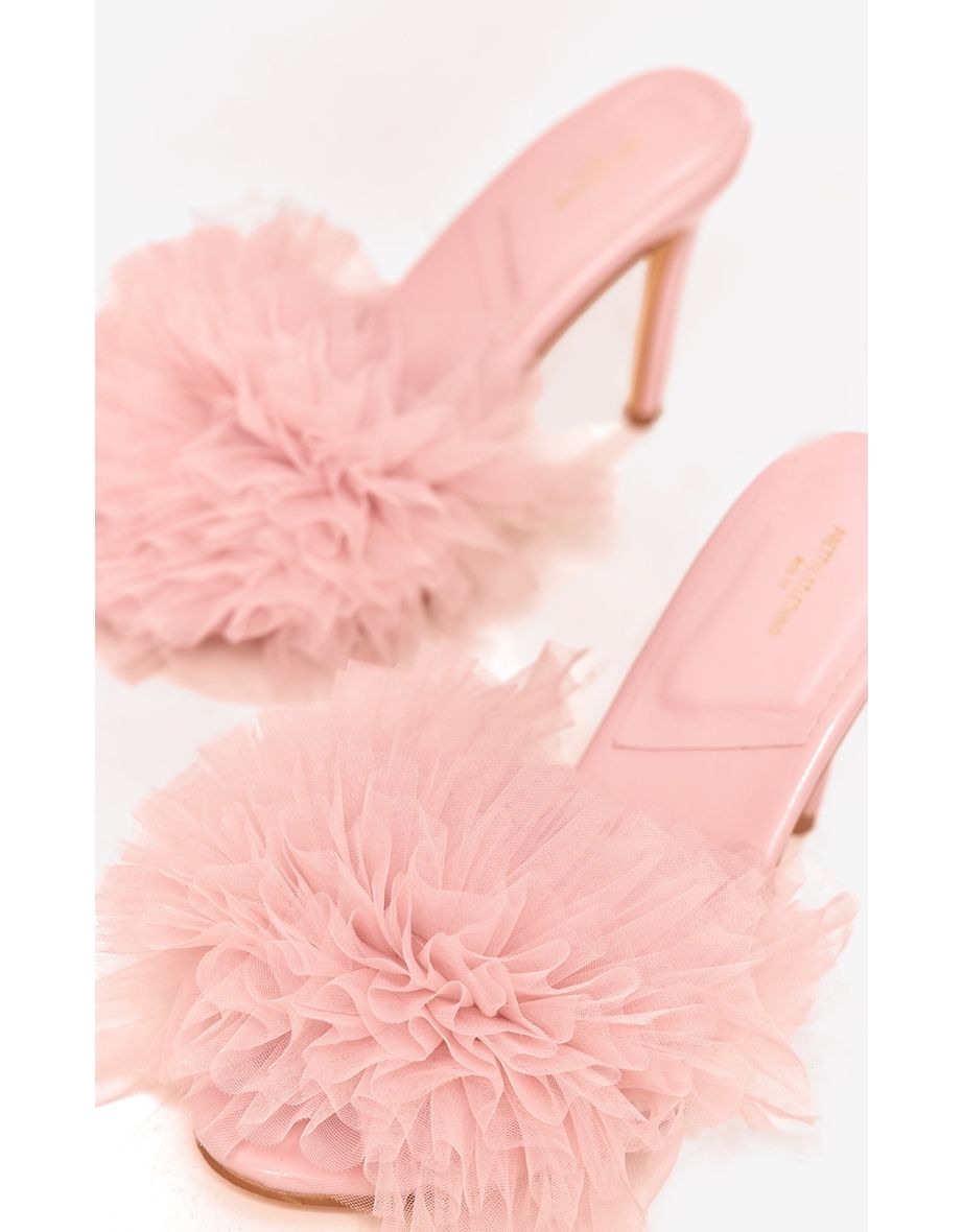 Pink Wide Fit Pu Round Toe Ruched Mesh Detail High Heeled Mules - 3