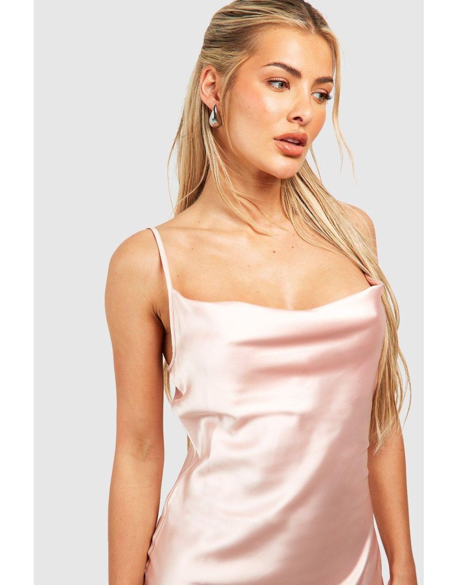 Satin Cowl Neck Slip Dress - blush - 3