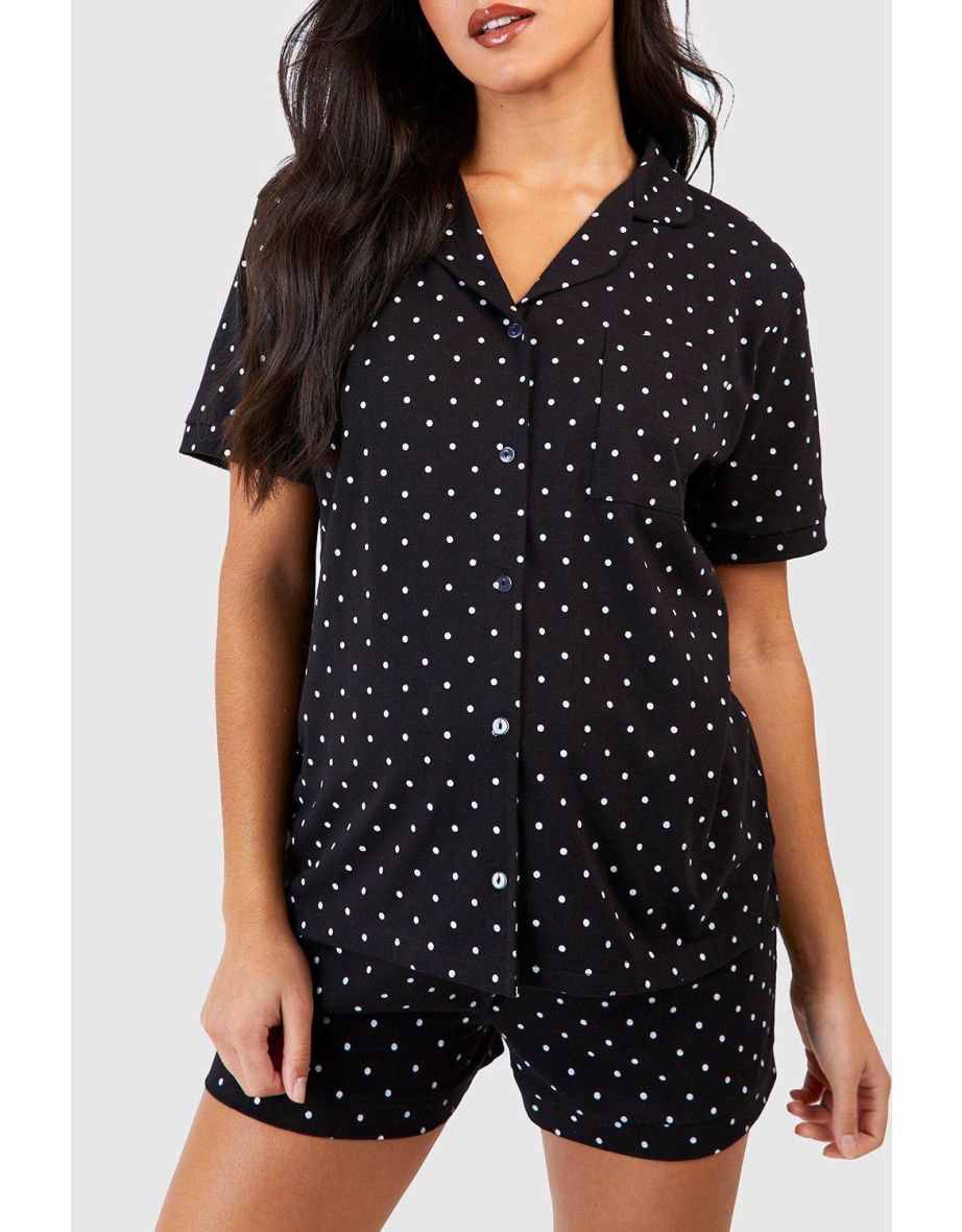 Maternity Button Through Polka Dot Pyjama Short Set - black - 3
