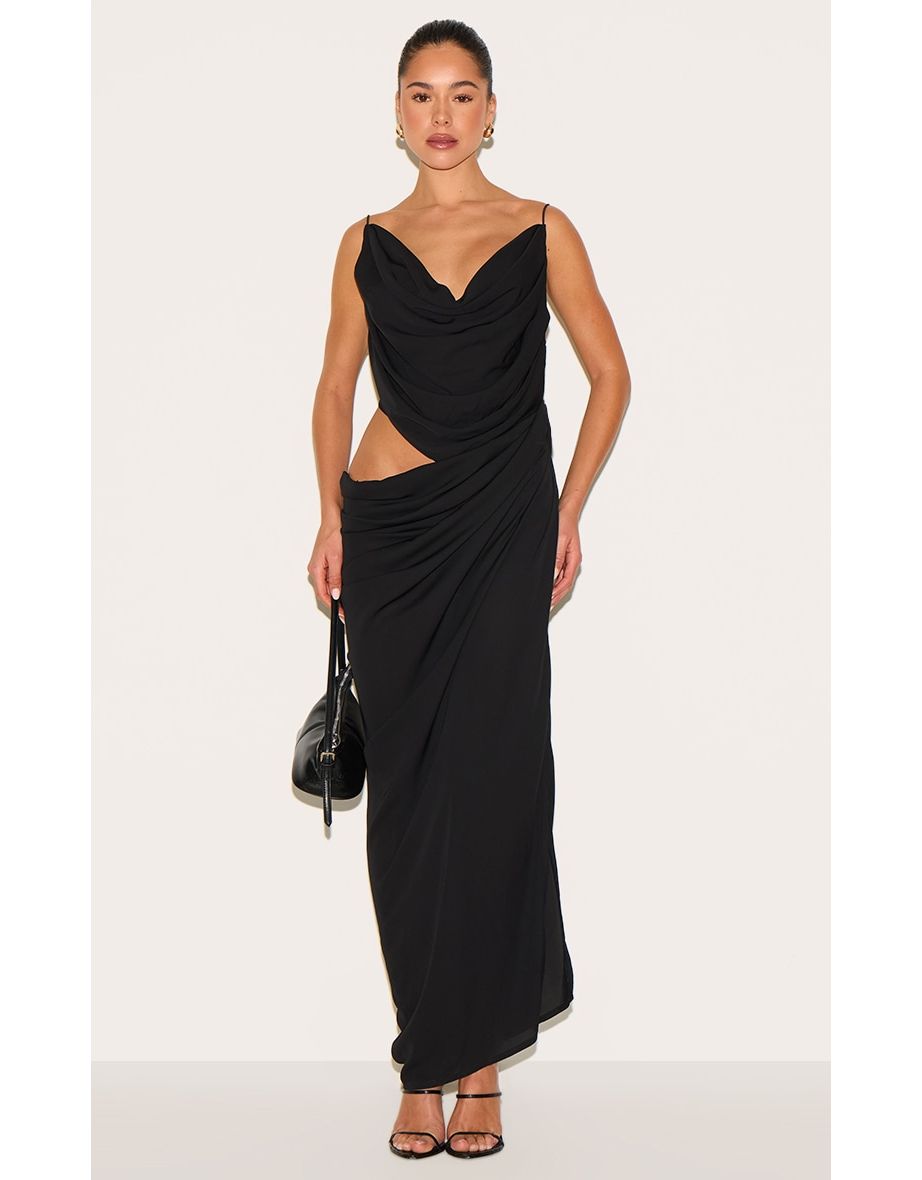 Black Chiffon Drape Cut Out Maxi Dress