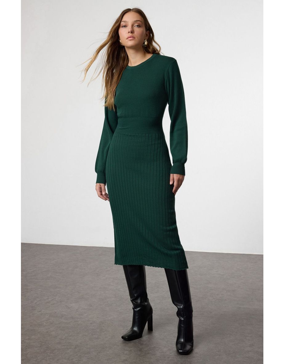 Dark Midi Knit A-Line Form Fit Dress
