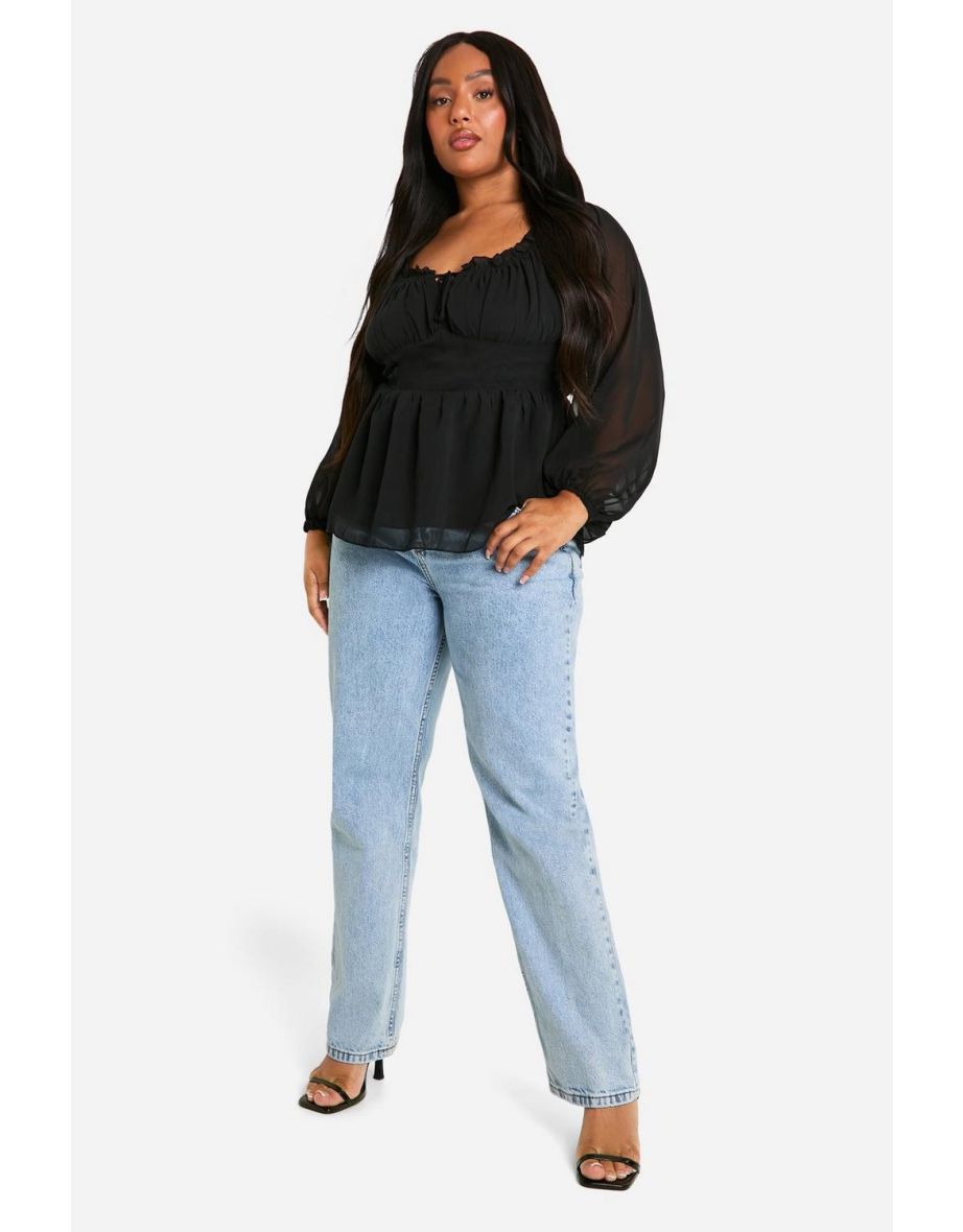 Plus Long Sleeve Bardot Peplum Top - black
