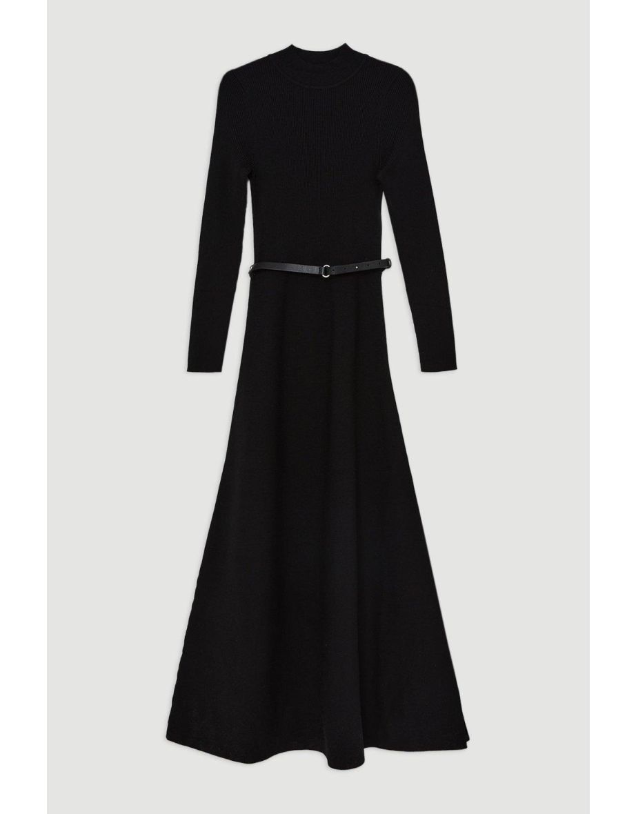 Viscose Blend Rib Knit Belted Maxii Dress - 3