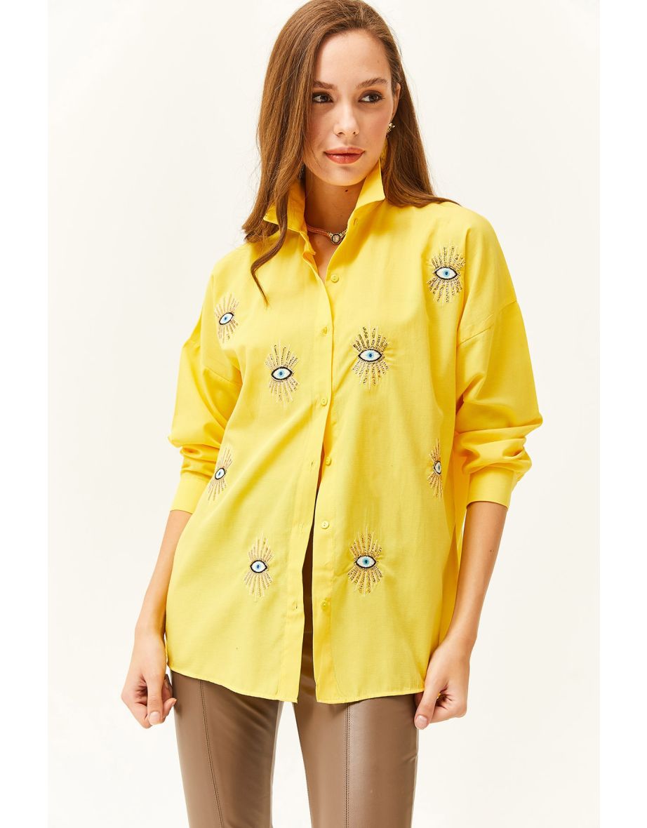 Women's Yellow Sequin Detailed Woven Boyfriend Shirt