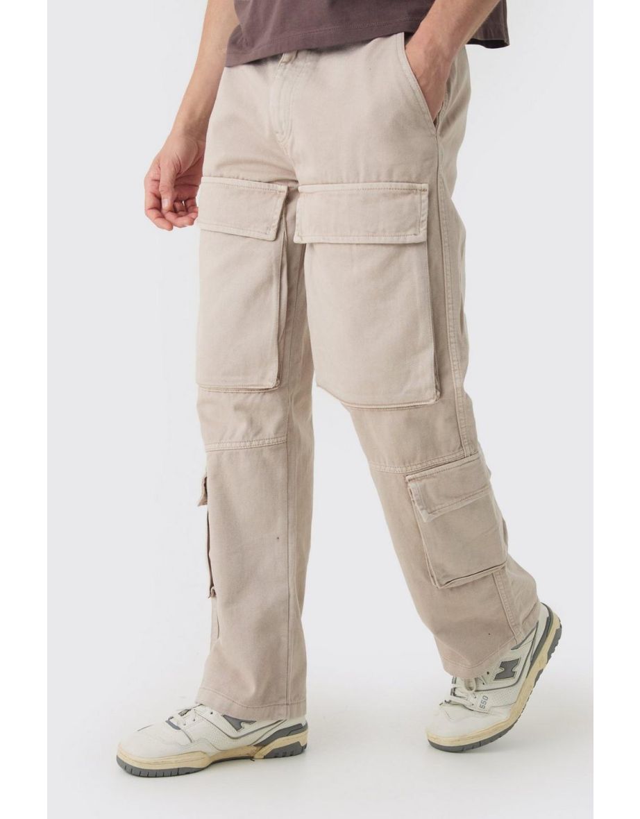 Relaxed Heavyweight Twill Acid Washed Cargo Trousers - taupe