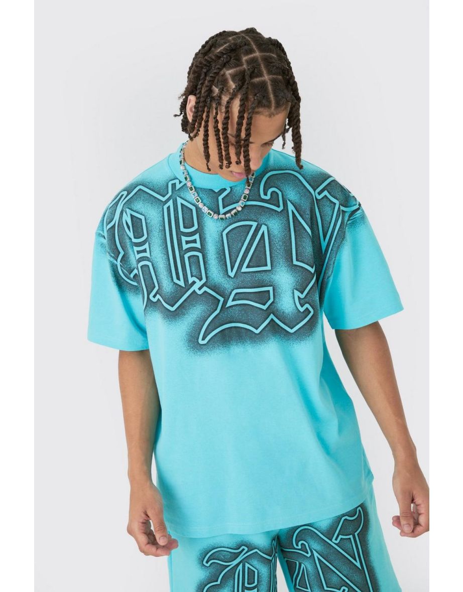 Oversized Extended Neck Gothic Man Graffiti Spray T-shirt - aqua - 2
