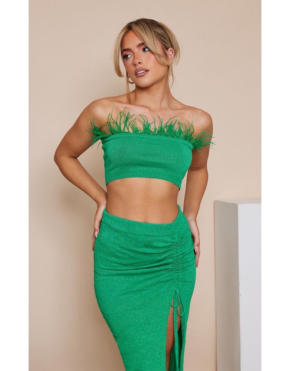 Green Glitter Knit Feather Trim Crop Top