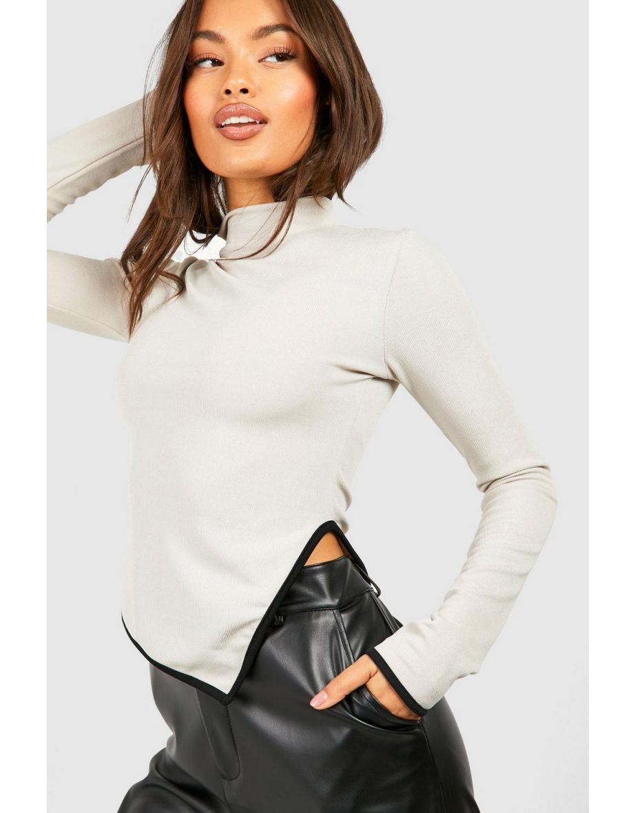 Contrast Rib High Neck Split Hem Top - stone - 3